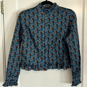 Gilber Gilmore Nicki Teal Blue Floral Ruffle Cotton High Neck Top Blouse Large
